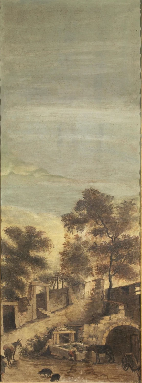 Paesaggio con fontanile, animali e carretto - attribuito